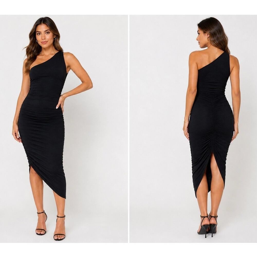 Little Black Dress Women's One Shoulder Ruched Knit Mini Asymmetrical Body Con